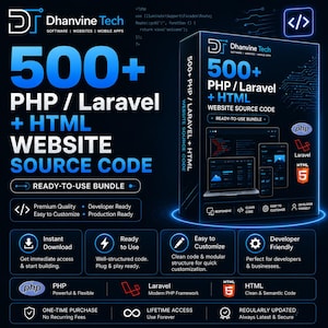Op de afbeelding: Een zwarte productdoos voor Dhanvine Tech 500+ PHP, Laravel en HTML website broncode. De doos bevat blauwe tekst, iconen voor PHP, Laravel en HTML5, en toont een laptop, tablet en smartphone met responsieve webinterfaces.