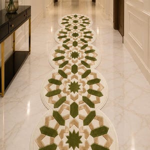 May include: A long runner rug featuring a series of connected circular sections. The rug displays a geometric pattern in shades of olive green, beige, and cream, with a central star motif in each circle surrounded by repeating angular shapes.