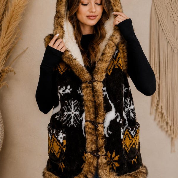 Womens Hooded Wool Vest with Reindeer Pattern, Nordic Knit Vest, Faux Fur Trim Vest, Winter Sleeveless Cardigan, Scandinavian Style Gift