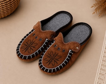 Women's Sheepskin Slippers, Genuine Suede Wool Slippers, Warm House Shoes for Women, Cozy Indoor Slippers, Handmade Leather Home Shoes