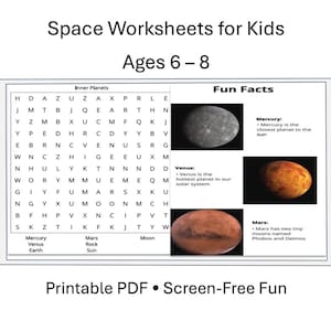 Op de afbeelding: Een printbaar educatief werkblad getiteld Space Worksheets for Kids Ages 6-8. Het bevat een woordzoeker genaamd Inner Planets en een sectie Fun Facts met afbeeldingen en beschrijvingen van Mercurius, Venus en Mars. Tekst bevat Printable PDF.
