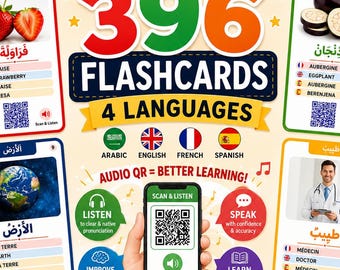 396 Multilingual Flashcards Bundle | 4 Languages, QR Audio, PDF & Canva