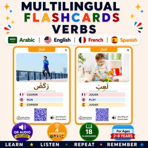 May include: Multilingual flashcards for verbs featuring two cards with images of a person running and a child playing. Each card displays the verb in Arabic, French, English, and Spanish, along with a QR code for audio, the Najah Academy logo, and the text Scan & Listen.
