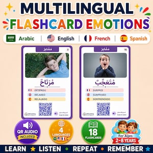 Op de afbeelding: Meertalige emotie-flashcards met 18 kaarten voor kinderen van 2-8 jaar. Twee kaarten worden getoond: één met een ontspannen kind en één met een verrast kind. Elke kaart bevat Arabische tekst, QR-codes voor audio en vertalingen in het Engels, Frans en Spaans.