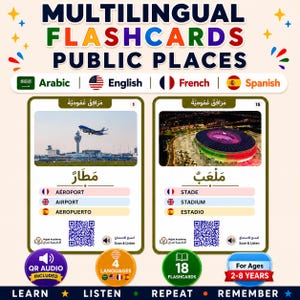 May include: Multilingual flashcards for public places featuring Arabic, English, French, and Spanish text. The cards display images of an airport and a stadium with corresponding vocabulary, QR codes for audio, and a label for ages 2-8 years.