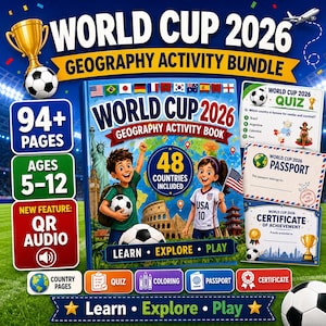 Puede incluir: Un paquete de actividades de geografía de la Copa Mundial 2026 que incluye un libro de 94 páginas, un cuestionario, un pasaporte y un certificado. La portada muestra a dos niños, balones de fútbol, monumentos y el texto Learn, Explore, Play.