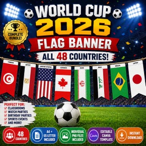 Puede incluir: Un gráfico digital para un paquete de banderas de la Copa Mundial 2026 con 48 países. El diseño incluye un balón de fútbol, un estadio de fondo y el texto World Cup 2026 Flag Banner All 48 Countries, junto a iconos de Canva, PNG y descarga.