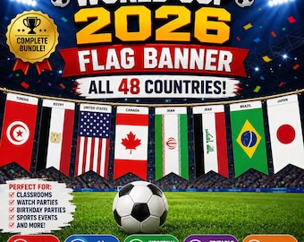 World Cup 2026 Flag Banner | 48 Countries, Soccer Party Decoration (Instant Download PDF)