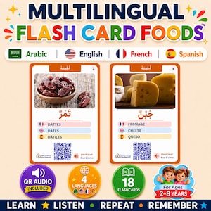 Peut inclure: Cartes flash multilingues sur les aliments présentant deux cartes avec des images de dattes et de fromage. Chaque carte affiche le nom de l'aliment en arabe, français, anglais et espagnol, avec un QR code audio. Le lot contient 18 cartes pour 2-8 ans.