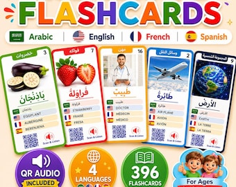 Paquete de 396 tarjetas didácticas multilingües / Árabe Inglés Francés Español / Tarjetas de aprendizaje Montessori / Audio QR / PDF imprimible / Plantilla Canva