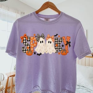 Faux Patchwork Spooky Ghost Boxy Tee, Halloween Ghost Tank Top, Faux Applique Ghost Shirt, Gingham Ghost Tee, Cute Fall Halloween Shirt