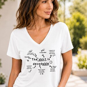 Op de afbeelding: Een wit T-shirt met V-hals voorzien van zwarte tekst en afbeeldingen. De centrale tekst luidt The shirt is decodable, omringd door kleine iconen en labels waaronder Digraphs, r-controlled en Latin-based Prefix de- means down.