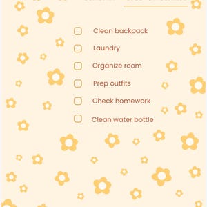 May include: A cream-colored checklist titled "Weekend Reset Checklist" with a floral pattern. The checklist includes tasks such as cleaning a backpack, doing laundry, and organizing a room. Yellow flowers are scattered across the background.