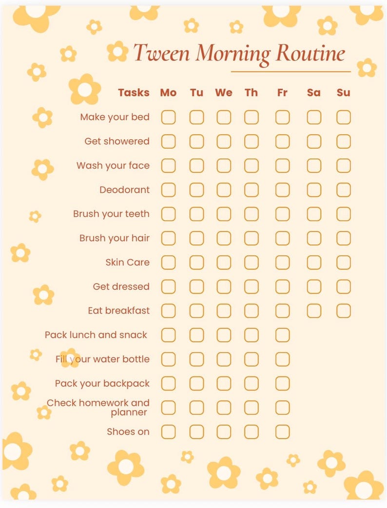 Tween Morning Routine Checklist Printable for Girls | Kids Daily ...
