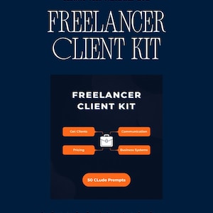 May include: A navy blue graphic with white text that reads "ELEVATE YOUR FREELANCE GAME" and "FREELANCER CLIENT KIT." The image includes a graphic of a briefcase with the words "Get Clients," "Communication," "Pricing," and "Business Systems."