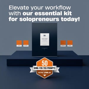 Può includere: Immagine promozionale per AgentVualt, con una scatola blu scuro con le iniziali "PN" e il testo "Elevate your workflow with our essential kit for solopreneurs today!" e "50 DONE-FOR-YOU PROMPTS". L'immagine ha accenti arancioni e bianchi.