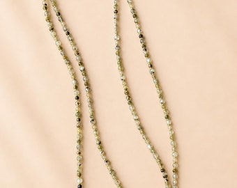 Prehnite & Baroque Pearl Lariat Necklace | Natural Gemstone Statement Necklace | Long Beaded Pearl Necklace | Handmade Gold Accent Jewelry