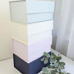 May include: A stack of four rectangular gift boxes in light blue, white, pale pink, and navy blue, arranged vertically. A sprig of green eucalyptus leaves with small round berries rests beside the base of the bottom navy blue box.