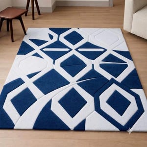 Moderner Blauer Geometrischer Tufted Teppich - Zeitgenössischer Wohnzimmerteppich