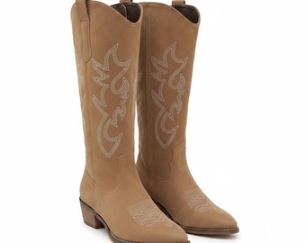 Women's Embroidered Western Cowboy Boots, Pointed Toe Knee High Boots