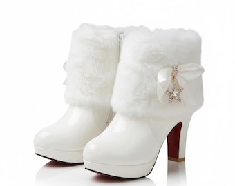 Women’s Winter Snow Boots, Warm Plush Fur Platform Heels, Fashion Party Wedding Boots