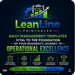 May include: A graphic with the text "LeanLine Printables" and "Daily Management Templates." The image features icons representing structured daily control, focused teams, measurable results, continuous improvement, and operational excellence. The tagline reads "Plan Today. Perform Daily. Excel Always."