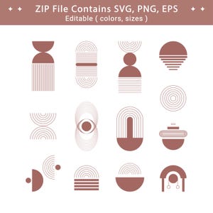 May include: A collection of twelve dusty rose geometric vector icons featuring lines, circles, and semi-circles. The text at the top reads: ZIP File Contains SVG, PNG, EPS. Editable ( colors, sizes ). These graphic elements are arranged in a grid.
