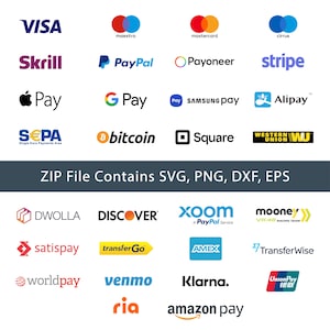 Può includere: Una raccolta di loghi di metodi di pagamento digitali tra cui Visa, Mastercard, PayPal, Apple Pay, Google Pay, Bitcoin e altri, disposti in una griglia. Il testo "ZIP File Contains SVG, PNG, DXF, EPS" è centrato in una barra orizzontale grigio scuro.