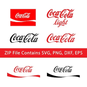 May include: A digital collection of Coca-Cola logos in red and black, featuring the classic script, the Coca-Cola light logo, and swoosh graphics. The image includes the text ZIP File Contains SVG, PNG, DXF, EPS on a red horizontal banner.