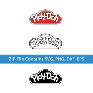 Puede incluir: Un conjunto de gráficos digitales que presenta el logotipo de Play-Doh en tres variantes: una versión a todo color con fondo rojo, una versión de contorno negro y una versión de silueta negra. Se incluye el texto ZIP File Contains SVG, PNG, DXF, EPS.