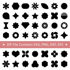 Pu&ograve; includere: Una collezione di forme vettoriali nere disposte in una griglia, tra cui stelle, fiori, esagoni e motivi geometrici. Un banner rosa orizzontale al centro mostra il testo: ZIP File Contains SVG, PNG, DXF, EPS.