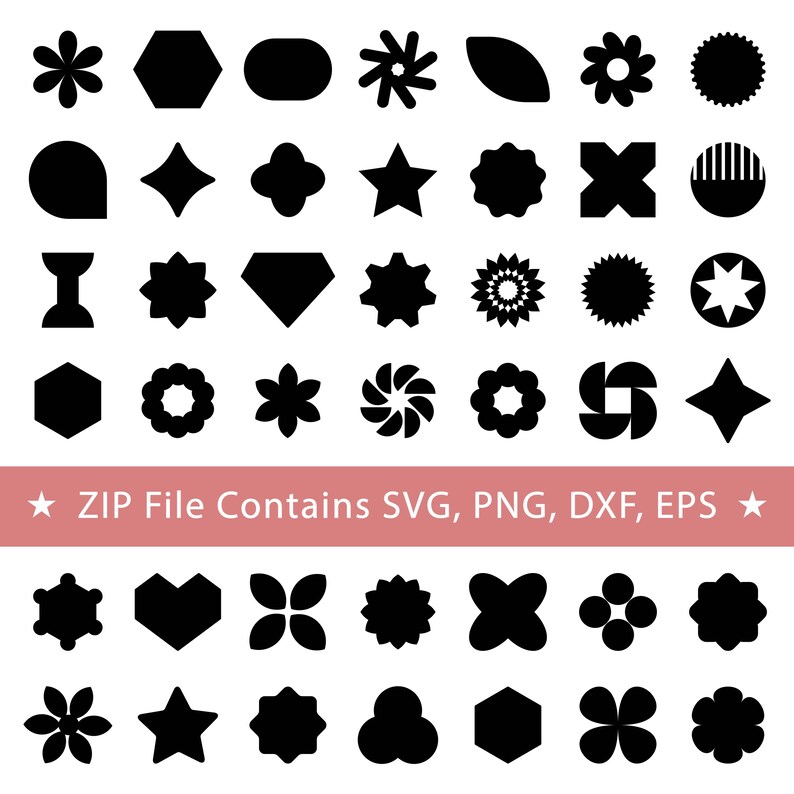 Pu&ograve; includere: Una collezione di forme vettoriali nere disposte in una griglia, tra cui stelle, fiori, esagoni e motivi geometrici. Un banner rosa orizzontale al centro mostra il testo: ZIP File Contains SVG, PNG, DXF, EPS.