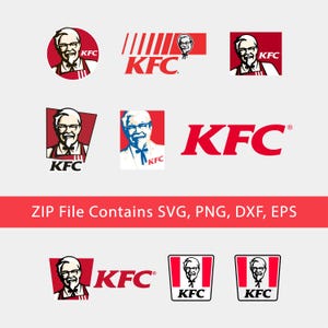 May include: A collection of KFC brand logos in various red and white designs, featuring the Colonel Sanders portrait and the text KFC. The image includes a red banner with the text ZIP File Contains SVG, PNG, DXF, EPS at the bottom center.
