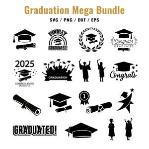 Könnte beinhalten: Eine digitale Sammlung schwarzer Symbole und Textdesigns zum Thema Abschluss mit der Aufschrift Graduation Mega Bundle SVG PNG DXF EPS. Das Set enthält Doktorhüte, Diplome, Silhouetten von Absolventen, Lorbeerkränze sowie den Text 2025 und GRADUATED.