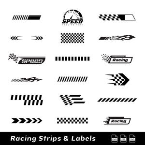 May include: A collection of black and white racing-themed graphic decals featuring checkered patterns, speedometers, flames, arrows, and text elements including Speed, Championship Racing, and Racing, arranged in a grid on a white background.