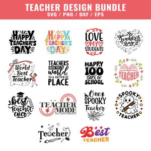 以下が含まれることがあります： TEACHER DESIGN BUNDLEというタイトルのデジタルデザインバンドル。HAPPY TEACHER'S DAY、LOVE MY STUDENTS、WORLD BEST TEACHER、SPOOKY TEACHERなどのフレーズが書かれた14種類のグラフィックイラストが含まれています。