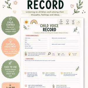 May include: A printable A4 PDF document titled Child Voice Record, featuring sections for child details, conversation context, and voice documentation. The layout includes icons of a sun, rainbow, plants, and lightbulbs, with text prompts for recording thoughts, feelings, and ideas to support learning and development.