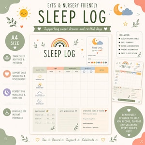 Puede incluir: Un registro de sueño tamaño A4 para niños con un gráfico de arcoíris y el texto SLEEP LOG. El documento incluye secciones para tipo de sueño, hora, duración, calidad, notas, resumen diario e información para padres con una paleta de colores suaves.