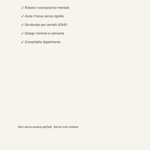 Può includere: Planner digitale ADHD Calm dal design minimalista. Il planner include una pagina di focus giornaliero e una sezione di brain dump. È progettato per ridurre il sovraccarico mentale e aiutare la concentrazione.