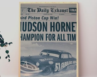 Plakat gazety Hudson Hornet, mistrz Pucharu Tłoków w samochodach, wydruk ścienny do garażu