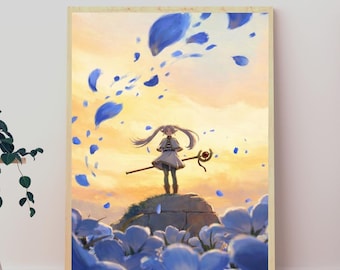 Frieren Poster, Blue Flower Sunset Fantasy Art, Anime Girls Bedroom Wall Print