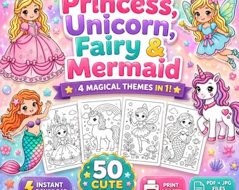 Dibujos para colorear de princesas mágicas, unicornios, hadas y sirenas - Descarga instantánea en PDF