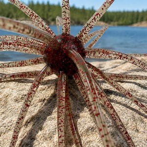 May include: A fishing lure featuring a dark red, glitter-infused central sphere with numerous long, translucent, flexible tentacles extending outward. The tentacles are embedded with small red and green glitter particles throughout their length.