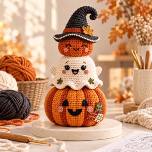 Pode incluir: Uma decoração de amigurumi de crochê empilhada com uma abóbora laranja grande na base, um fantasma branco no meio e uma pequena abóbora laranja usando um chapéu de bruxa cinza escuro com um detalhe de folha amarela.