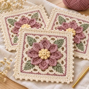Pode incluir: Três motivos quadrados de crochê com uma flor central rosa empoeirado com centro amarelo pálido, rodeada por folhas verde-sálvia. O design floral é emoldurado por uma borda off-white com um acabamento delicado de picot e rendado.