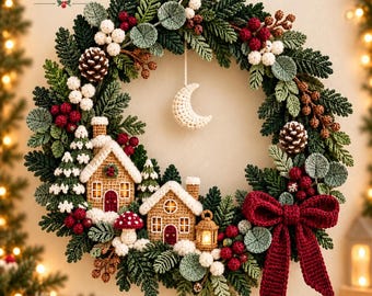 May include: A crochet wreath pattern PDF digital download featuring a circular arrangement of green pine branches, white berries, brown pinecones, and red berries. It includes two small crochet houses, a mushroom, a lantern, and a crescent moon.