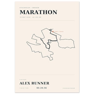 Op de afbeelding: Een crèmekleurige poster met het woord "MARATHON" in marineblauw. De poster bevat een kaart van Stockholm, Zweden, met de marathonroute. De tekst "ALEX RUNNER" en de finishtijd "03:24:56" worden ook weergegeven.