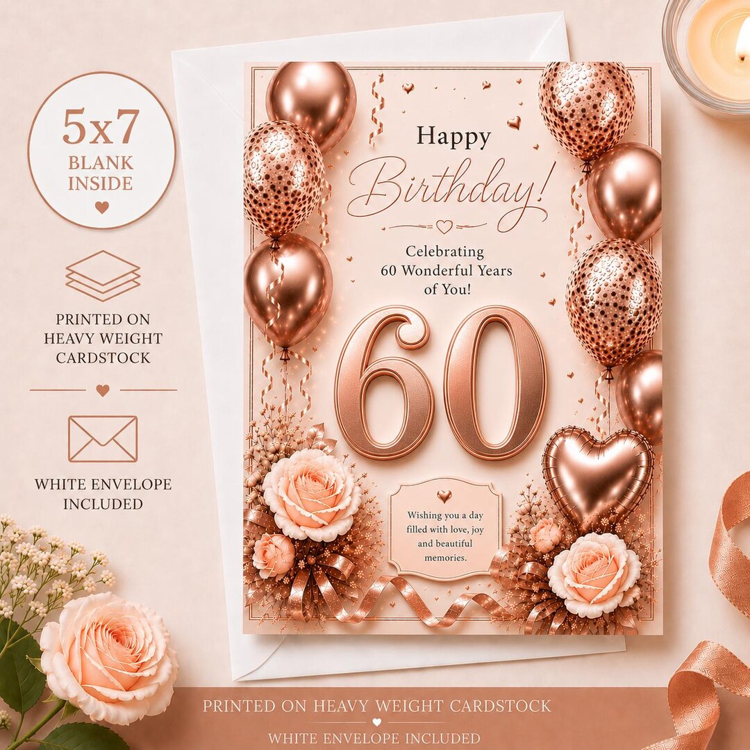 Elegant Rose Gold 60th Birthday Card | Milestone Celebration (5x7 Blank ...