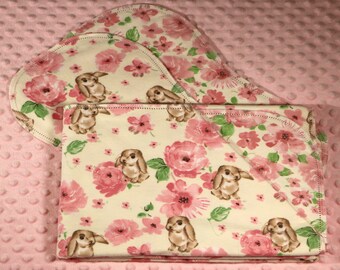 Little Ones Too Pink with Coordinating Fabric on Reverse Side Hemstitched Flannel Baby Blanket and 2 Burp Cloths Kit