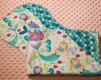 Hemstitched Flannel Baby Blanket and 2 Burp Cloths Kit Mermaids Of The Sea with Coordinating Fabric on Reverse Side